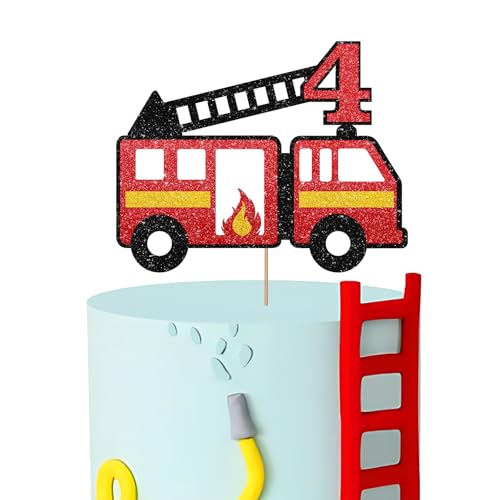 Fire Truck 4th Birthday Cake Topper, Little Fireman Four Cake Topper for Boys, Fire Hydrant Truck Firefighter Fourth Birthday Cake Decor, Firetruck 4th Anniversary Decoration - Red Glitter by SUPERLUBY - Used condition - US$7.57