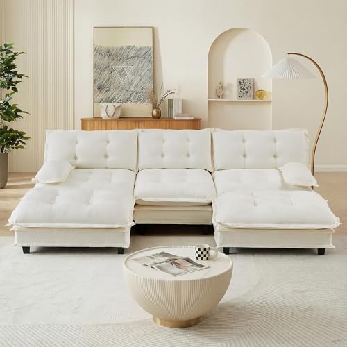 Image of 108 inch Sectional Sleeper Sofa with Ottoman, U Shaped Modular Deep Seat Couches for Living Room Apartment, Flexible Module Combination Cloud Sofa with Spring Support, Easy Assembly, White
