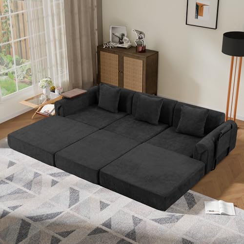 Image of 100 inch Convertible Sofa Bed, 5-in-1 Modular Sectional Cloud Couch with Fixed-Shape Frame & Storage Pocket, No Assembly Required Boneless Sleeper Sofa for Living Room, Chenille Black