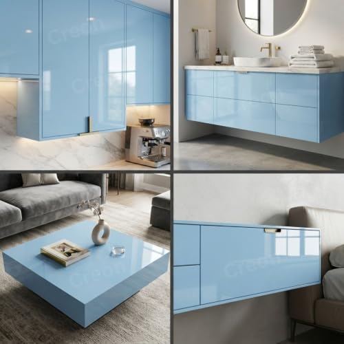 Image of Sky Blue Glossy Peel and Stick Wallpaper Self-Adhesive for Countertops, Kitchen, Cabinets, Waterproof, Removable, Easy to Apply, Decorative Vinyl (12 x 150 inch, Sky Blue Glossy)