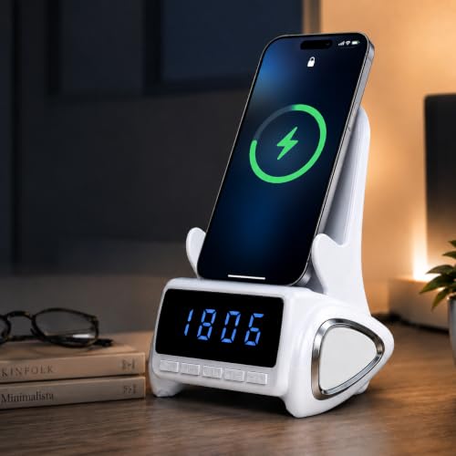 Image of One94Store 4-in-1 Wireless Charging Station with Bluetooth Speaker, LED Digital Clock, Phone Stand, Fast Qi Wireless Charger for iPhone, Samsung Galaxy & Android Devices