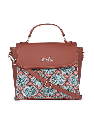 ZOUK Kolkata Nouveau Motif Printed Vegan Leather Green Statement Sling Bag With Handle For Women's Girls
