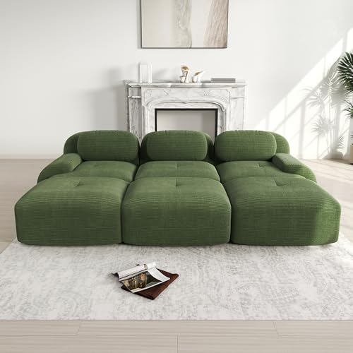 Shye Sofá de 3 plazas Tamaño Modular Verde con taburetes de pana Entrega sin montaje Apto para mascotas Reposabrazos ultra anchos Acolchado 32D Alta Elasticidad para Sala de Estar y Cine en Casa