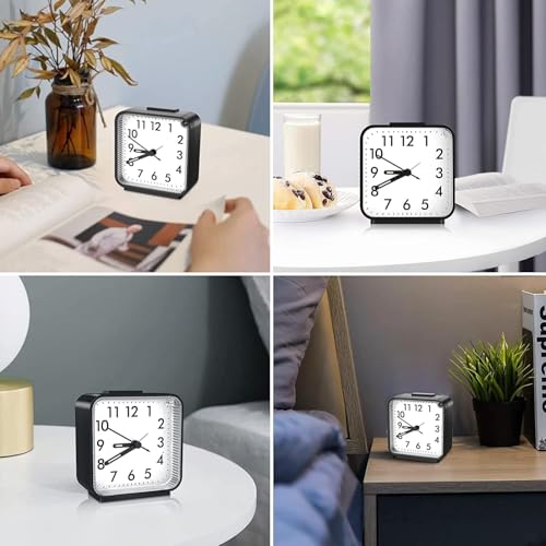 AMIR Analog Alarm Clock, Silent Non Ticking Small Clock, Travel Alarm Clock with Snooze & Light, Ascending Beep Sounds, Battery Operated Loud Alarm Clock for Bedroom, Bedside, Desk (Black)
