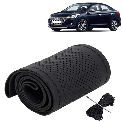 Image of KINGSWAY PU Leatherite Car Steering Cover Sewable Compatible with Hyundai Verna (Year 2020-2023), Black Color with Black Thread, Pack of 1 with Sewing Needle and Thread