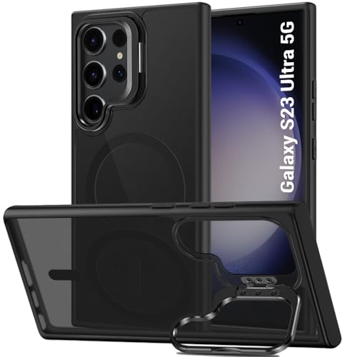 Image of TheGiftKart Hybrid Matte Frosted Back Cover Case for Samsung Galaxy S23 Ultra 5G Compatible with MagSafe | Built-In Stand | ShockProof Hard Cover for Samsung S23 Ultra 5G (PC & TPU, Translucent Black)