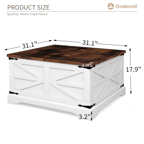 oneinmil Modern Farmhouse Coffee Table, Square Wood Center Table with Large Storage Space, Metal Corners, Z Shape, White - Thumbnail 2