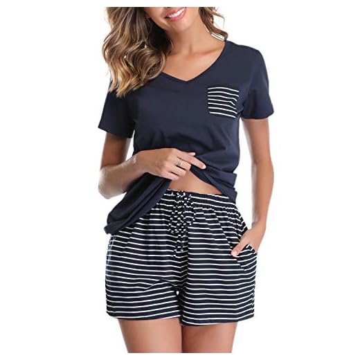 Vlazom Pijama Mujer Verano de Algodon, Conjunto de Pijama Corto Mujer de 2 Piezas, Ropa de Dormir de Camiseta y Pantalones Corto con Cuello en V,A-Azul Marino,XL