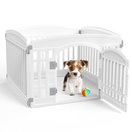 Dog Playpen 4-Panel 24 Inch Safe Secure Indoor Outdoor Pet Fence, Folding Portable 35 x 35 x 24IN, Ideal for Small to Medium Dogs Easy to Clean (White)