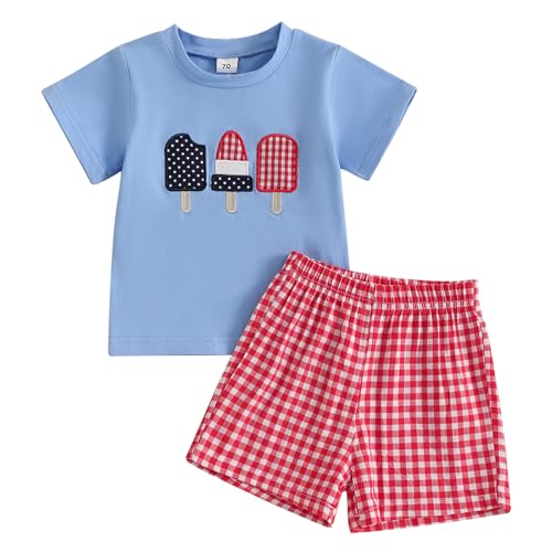 Image of 4th Of July Toddler Boy Outfit Popsicle American Flag T-Shirt and Gingham Plaid Shorts Set Independence Day Clothes