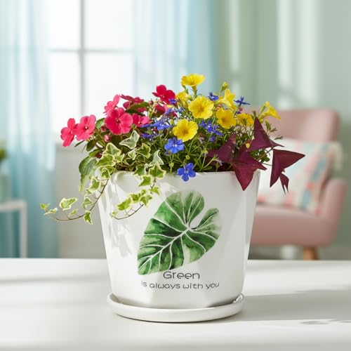 Image of Xtore Elegant Botanical Ceramic Planter with Drainage Tray | Minimalist Indoor Flower Pot for Home, Office Desk & Balcony Styling (White & Green Leaf Design -Planter only)