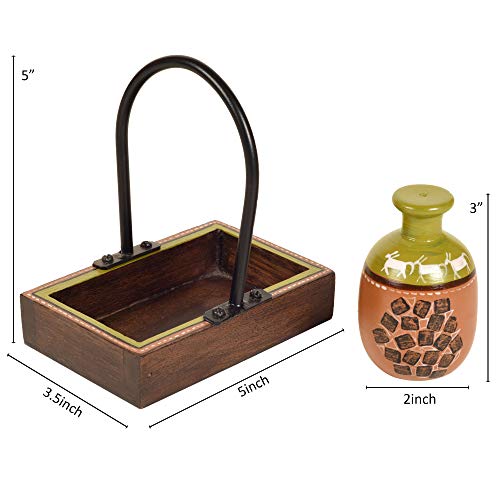 Image of Aakriti Art Creations Asmi Earthen Salt & Pepper Shaker Set with Wooden Tray | Handcrafted Abstract Art Ceramic Dispenser Set | Dining Table Salt Pepper Set | Kitchen Decoration Items Stylish