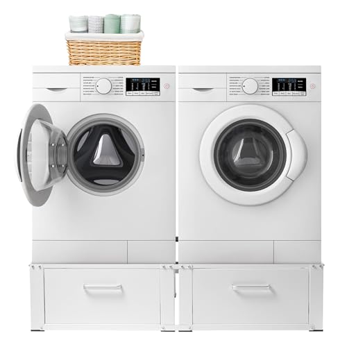 Vonia Waschmaschinen Untergestell mit 2 Schubladen, Doppel Podest für Waschmaschine und Trockner, Stahl Sockel, Stabil & 200kg Tragkraft, 127 x 54 x 31, Weiß