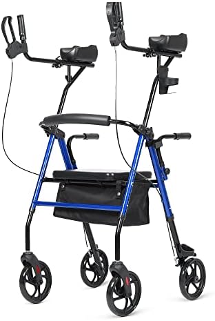 ELENKER Upright Walker, Stand Up Rollator Walker with Padded Seat and Backrest, Lightweight, Compact Folding, Fully Adjustment Frame for Seniors, Blue