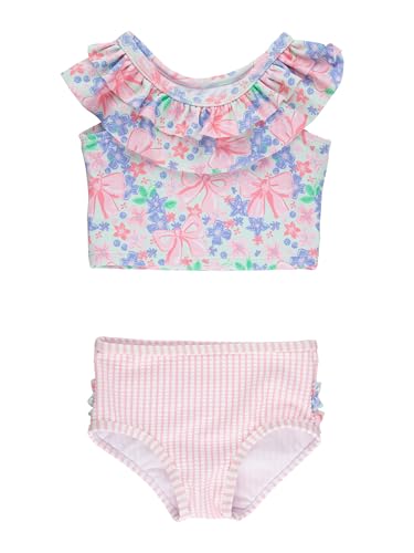 Image of RuffleButts Girls UPF50+ Sun Protection One Shoulder Ruffle Tankini Two Piece Swimsuit