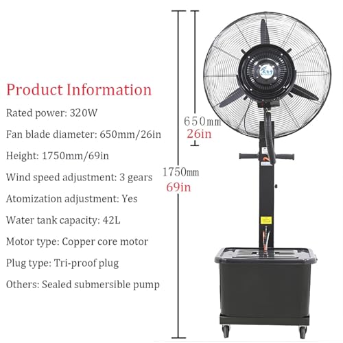 Ventilatore nebulizzatore da Esterno ad Alta velocità, Modello da 76 cm (30 Pollici) con 3 velocità e Serbatoio dell'Acqua da 42 Litri, Ideale per Uso Industriale e in Patio.
