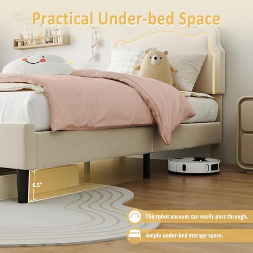 Image of Velvet Upholstered Princess Bed Frame with RGB LED Smart Light, Adjustable Bear Headboard, Wooden Slat Support, No Box Spring Needed, Noise-Free, Easy Assembly, Twin Size for Kids, Twin Beige