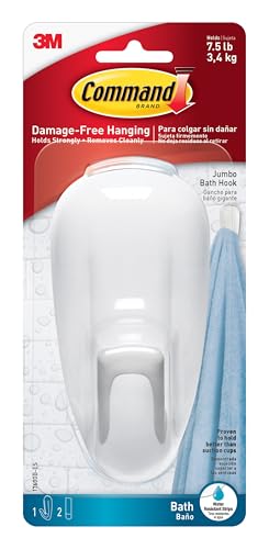 Command Bathroom Wall Hook with Water-Resistant Adhesive Strips, Bathroom Organizer for Hanging Bath Towels and Loofahs, 1 Shower Hook with 2 Command Strips