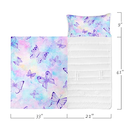 Axolotl Purple Butterflies Toddler Nap Mat,Toddler Slumber Bags,Kids Nap Mat Set with Pillow and Quilt,Toddler Bedding Sets for Kids Girls Preschool Daycare Kindergarten Travel Sleeping Bag