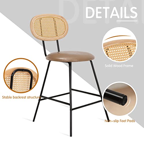 Okeysen Rattan Bar Stool,Indoor Faux Leather Bar Stools Set Of 2,Counter Height Bar Stools With Metal Leg&Rattan Backrest,Armless Dining Room Chairs For Kitchens Island #TOP4