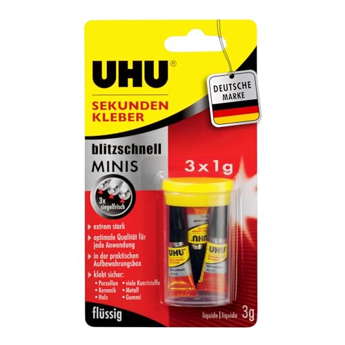 UHU Sekundenkleber extra stark | 3x1g Kleber Tuben mit Aufbewahrungsbox | Sekundenkleber flüssig für Kunststoff, Metall, Holz, Keramik, Porzellankleber | Superkleber & Kunststoffkleber