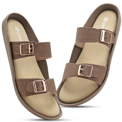 Image of Women Denim Double Strap Buckle Slides | Comfortable Casual Flat Slippers for Women | Lightweight Open Toe Slip-On Sandals Everyday Wear