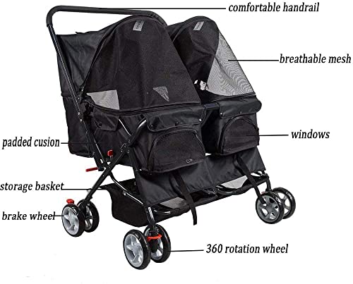 KARMAS PRODUCT Double Pet Stroller, Foldable Double Dog Stroller for 2 Dogs Cats with 4 Wheels, Twin Walk Jogger Travel Pet Carriage Cart with Storage, Black