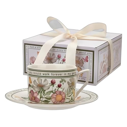 RRMMAN Ensemble tasse à café et sauce avec cuillère tasse à thé en porcelaine florale tasse à café sauce cappuccino Espresso tasse à latte pour fête anniversaire cadeau de mariage