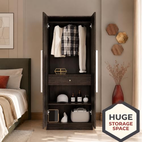 Image of Bniture 2 Door Wooden Wardrobe for Bedroom | Almirah for Clothes with 4 Shelves, Engineered Wood Wardrobe for Clothes | Cupboard for Bedroom (46D x 80W x 182H CM) | 3 Years Warranty (Flower Wenge)