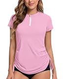 UV Shirt Damen Wasser 1/4 Reißverschluss Schwimmshirt Rashguard Damen Badeshirt Kurzarm Schwimm Tshirt Verstellbarer Saum UPF 50+ Rosa M
