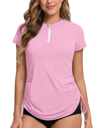 UV Shirt Damen Wasser 1/4 Reißverschluss Schwimmshirt Rashguard Damen Badeshirt Kurzarm Schwimm T-Shirt Verstellbarer Saum UPF 50+
