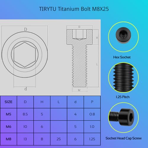 Image of M8x25 Titanium Bolts, Black, 6PC | Lightweight Hex Socket Screws, MTB /Road Bike /Motorcycle, Corrosion Resistant, Marine Grade Fasteners