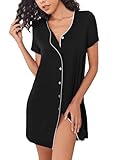 ADOME Nachthemd Damen Knopfleiste Sleepshirt Kurzarm Schlafshirt V-Ausschnitt Nachtwäsche Frauen Schlafhemd mit Knöpfen Damen Schwarz XXL