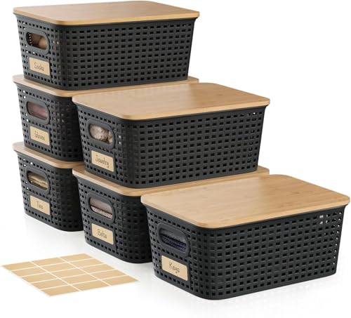 6-Pack Plastic Storage Baskets Set of Stackable Weave Baskets Sturdy Storage Containers with Handle, with Bamboo Lid & Label for Shelves, Desktops, Cabinets, Bedrooms, Office (Black With Lid - 6 Pack)