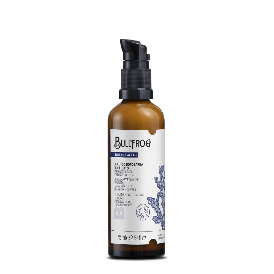 Bullfrog - Fluido Dopobarba Delicato – Dopobarba Lenitivo e Idratante per Pelli Sensibili, 96,3% Ingredienti Naturali, Senza Alcol e Senza Profumo, Assorbimento Rapido, 75 ml