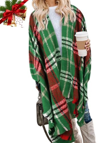 Image of Bestshe Women's Boho Open Front Poncho Plaid Shawl Wrap Cape | Tassel Cardigan Sweater, Cozy Layering, Fall Winter Clothes for Women