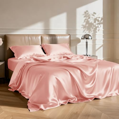 Image of Love's cabin Full Size Satin Sheet Sets - 4 Piece Coral Silky Satin Sheet Set Full with Deep Pocket, Luxury Silk Feel Satin Bed Sheets Full Bedding Set (1 Flat Sheet,1 Fitted Sheet,2 Pillow Cases)