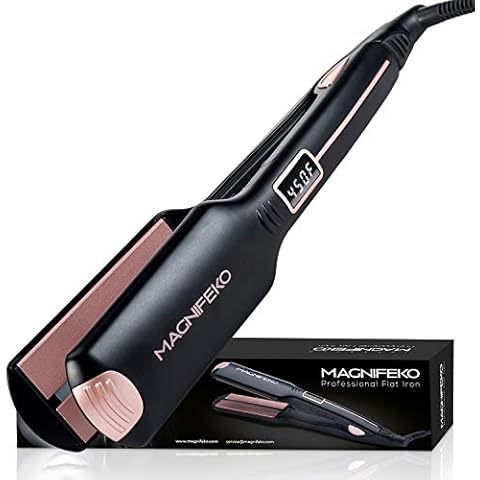 Magnifeko Professional Flat Iron Hair Straightener Wide Plate & Digital Display - Dual Voltage Titanium Hair Straighteners (Black Rosegold) Cover