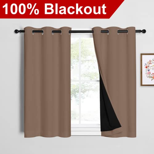 Image of NICETOWN Cappuccino Bedroom Full Blackout Cold Blocking Short Curtain Panels, Super Thick Insulated Window Covers, 100% Blackout Blinds with Black Liner for Small Window(Set of 2, 42 by 45-inch)