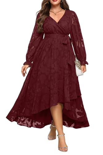 Plus Size Fall Dresses Burgundy Semi Formal Wedding Guest Cocktail Floral Long Sleeve Wrap High Low Maxi Dress Women