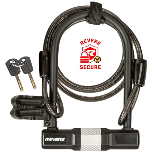 Revere USA Bicycle Keyed U-Lock with Extra Long Cable. Heavy Duty Hardened Steel. Protect Your Bike, e-Bike, Scooter or Motorcycle. Includes 2 Keys and Frame Mount. Anti-Mar Finish Ultimate Security.
