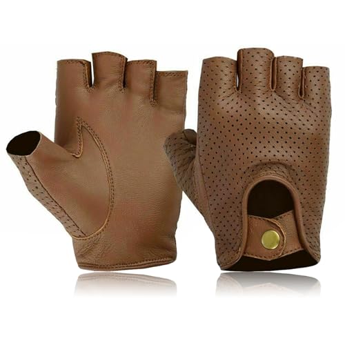 COLOURLINX Luvas unissexo de pele autêntica sem dedos para conduzir, meio dedo, desportos ao ar livre, ginásio, ciclismo, motocicleta, cadeira de rodas, Canela