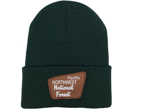Pacific Northwest Forest Beanie Hat - Green PNW Woven Patch Knit Cap - Warm Winter Outdoor Headwear for Hiking & Camping - Nature Lover Gift for Men & Women | Soft Cuffed Skull Cap