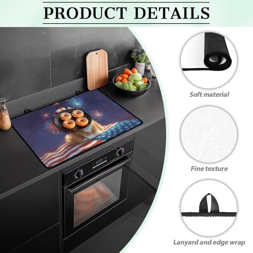 Image of Poceacles Stove Top Cover for Ceramic Glass Stove Cover America 250th Anniversary Decor Oven Cooktop Mat Protector for 4th of July, Cartoon Cat American Flag Fireworks Print