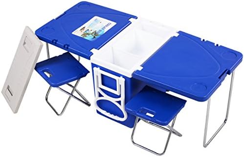 Multi Function Rolling Cooler Picnic Camping Outdoor w/ Table & 2 Chairs Blue