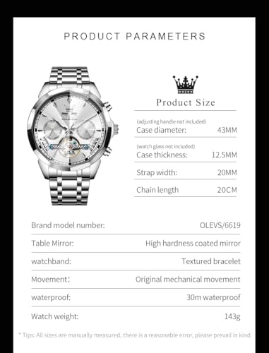 Image of OLEVS Automatic Self Winding Men's Wrist Watch Skeleton Stainless Steel Calendar Chronograph Waterproof Luminous Luxury Gift Branded Watch for Man