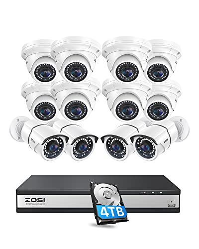 Image of ZOSI 4K 16CH PoE Home Security Camera System,12pcs 5MP Outdoor Indoor Bullet Dome PoE IP Cameras, H.265+ 8MP 16 Channel NVR Recorder with 4TB HDD, Night Vision, Remote Access, for 24 /7 Recording