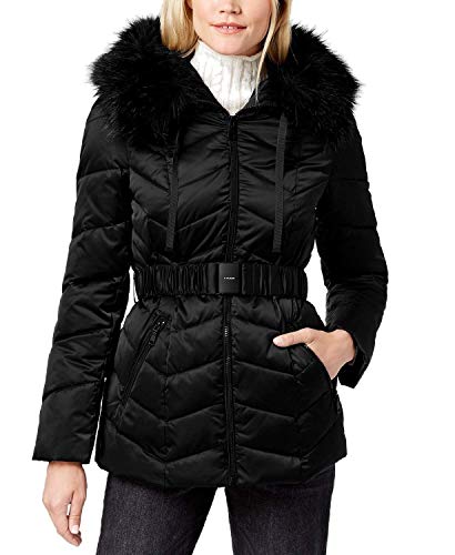 T Tahari Women's Leon Faux Fur Trim Hood Belted Coat Short Jacket Black (L)