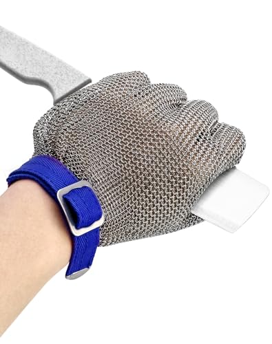 QWORK® Gant en cotte de mailles (1 pièce, acier inoxydable 316L), Gant anti-coupure Niveau 5, Taille L (pour une longueur de main de 20–21 cm et une...