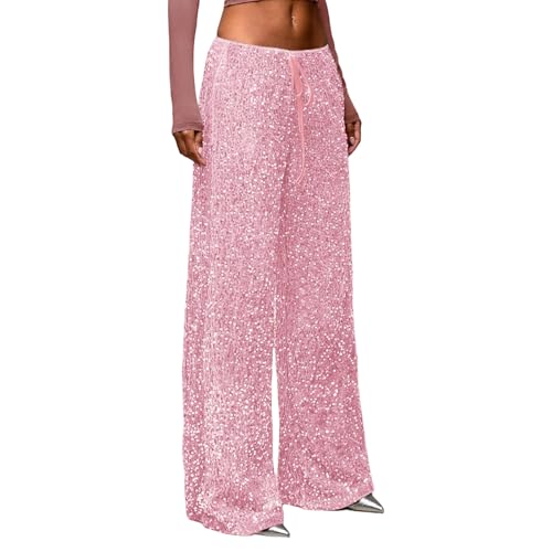 Women’s Sequin Wide Leg Palazzo Trousers High Waist Sparkly Party Pants with Elasticated Drawstring Waist, Glitter Trousers for Evening, Cocktail & Club Wear Pink
